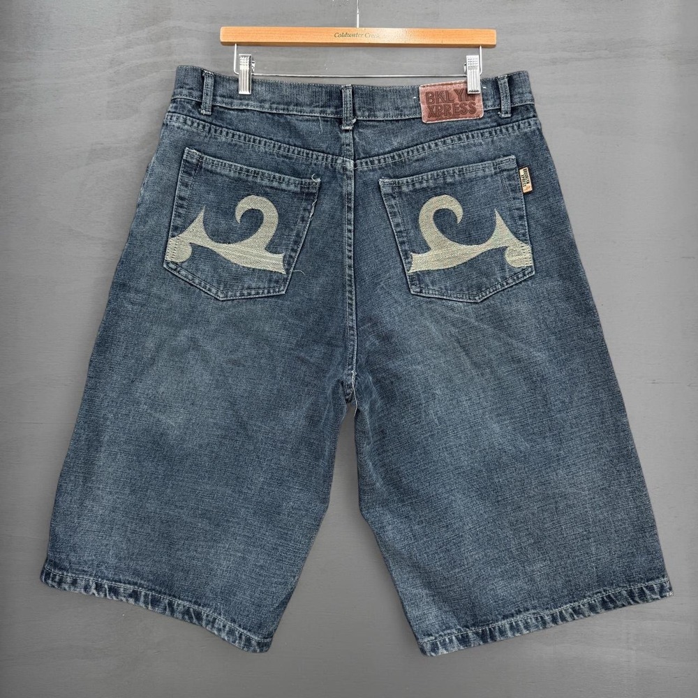 Brooklyn Xpress Denim Shorts Blue Baggy Embroidered Y2K Skater Size 36